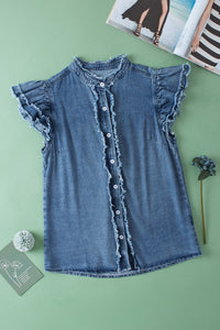 Denim Top | Raw Hem Button Up Cap Sleeve Blouse