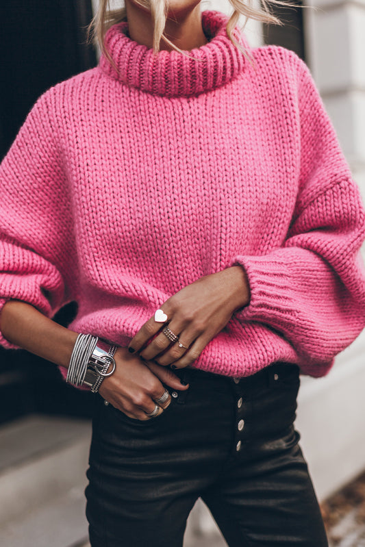 Rose Red Chunky Knit Turtle Neck Drop Shoulder Sweater | Tops/Sweaters & Cardigans