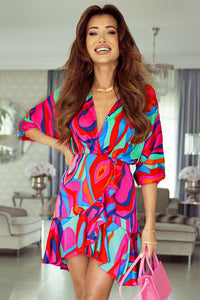 Multicolor Abstract Printed V Neck Dolman Sleeve Ruffle Wrap Dress | Dresses/Mini Dresses