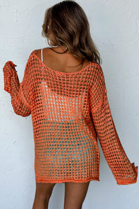 Orange Open Knit Crochet Bell Sleeve Tunic Sweater | Tops/Sweaters & Cardigans