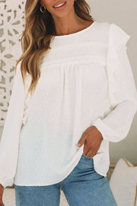 White Lace Eyelet Ruffle Shoulder Long Sleeve Blouse | Tops/Blouses & Shirts