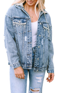 Sky Blue Rhinestone Fringed Hooded Denim Jacket