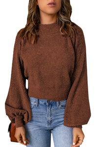 Brown Solid Color Lantern Sleeve Knitted Sweater | Tops/Sweaters & Cardigans