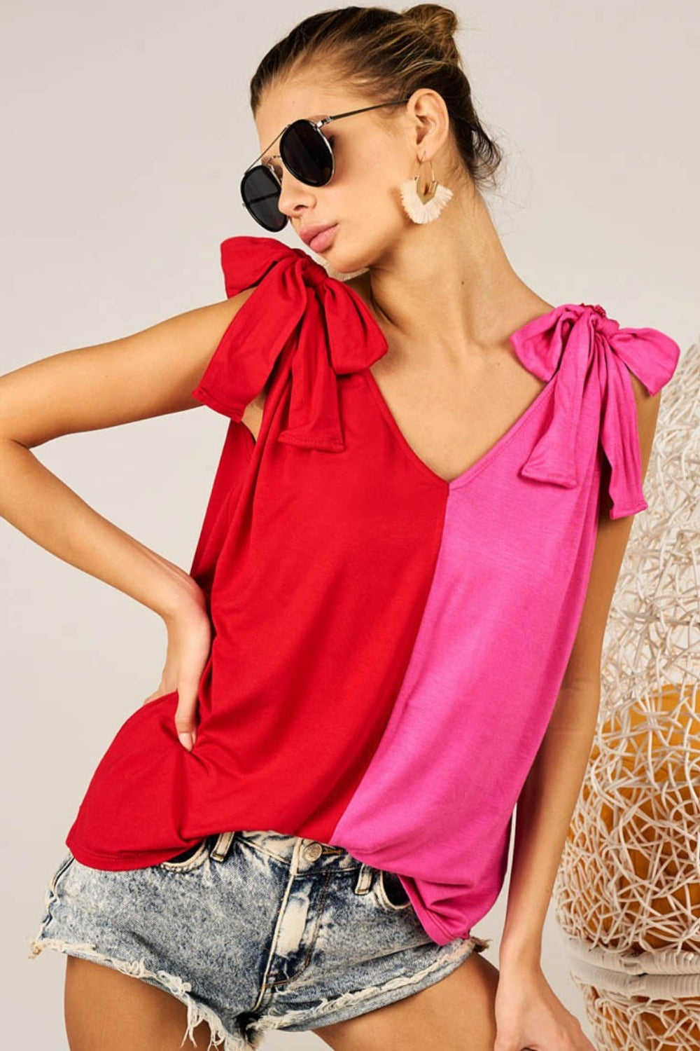 Ribbon Tied Contrast Pink Red Top