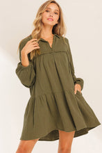 Load image into Gallery viewer, Puff Sleeve Dress | Green Frayed Trim Flared Dress
