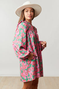 Pink Split V Neck Bubble Sleeve Loose Floral Dress | Dresses/Floral Dresses