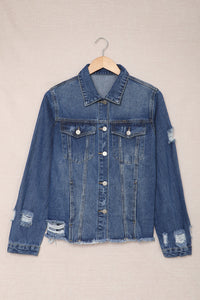 Blue Lapel Distressed Raw Hem Buttons Denim Jacket | Outerwear/Denim jackets