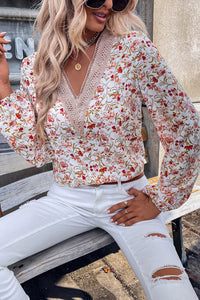 V-Neck Blouse | White Floral Long Sleeve Lace