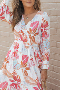 Maxi Dress | Tropical Plant Print Long Sleeve Wrap Dress