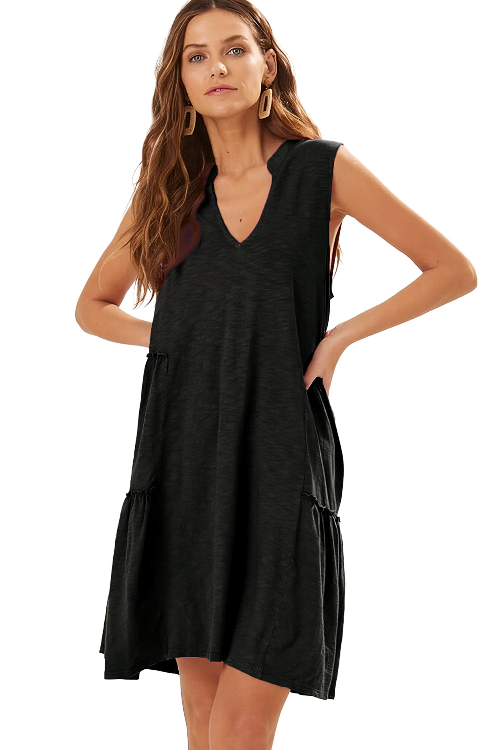 Womens Dress | Black Split V Neck Tiered Flowy Sleeveless Dress | Dresses/Mini Dresses