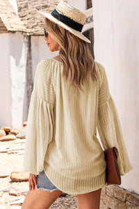 Drawstring Blouse | Apricot Lantern Sleeve Stripe Tassel