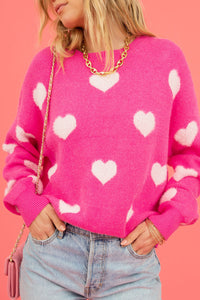 Pink Hearts Sweater | Fuzzy Hearts Drop Shoulder Sweater