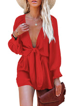 Load image into Gallery viewer, Fiery Red Tie Knot Puff Long Sleeve Romper | Bottoms/Jumpsuits &amp; Rompers
