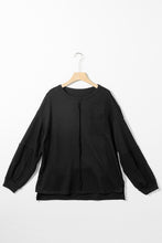 Load image into Gallery viewer, Black Exposed Seam Patchwork Bubble Sleeve Waffle Knit Top | Tops/Long Sleeve Tops
