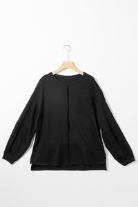 Black Exposed Seam Patchwork Bubble Sleeve Waffle Knit Top | Tops/Long Sleeve Tops