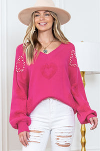 Rose Red Fuzzy Hearts V Neck Sweater