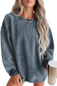 Pullover Sweatshirt | Blue Solid Ribbed Knit Round Neck