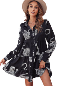 Black Leopard Print Button-up Long Sleeve Shirt Mini Dress | Dresses/Mini Dresses