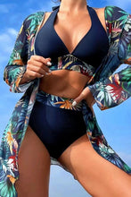 Load image into Gallery viewer, Three Piece Bikini Set | Blue Trim Halter Swimsuit with Cover Up

