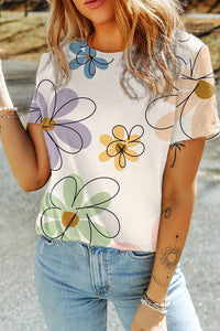 Beige Summer Flower Print Casual Round Neck T Shirt | Tops/Tops & Tees