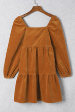 Load image into Gallery viewer, Chestnut Square Neck Puff Sleeve Tiered Corduroy Mini Dress
