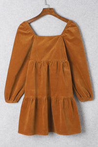 Chestnut Square Neck Puff Sleeve Tiered Corduroy Mini Dress