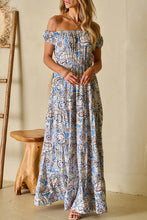 Load image into Gallery viewer, Blue Boho Paisley Print Off Shoulder Maxi Dress | Dresses/Floral Dresses
