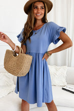 Load image into Gallery viewer, Sky Blue Round Neck Ruffle Sleeve Loose Dress | Dresses/Mini Dresses
