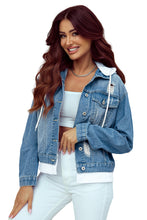 Load image into Gallery viewer, Sky Blue Distressed Contrast Hooded Denim Jacket with Pockets | Outerwear/Denim jackets
