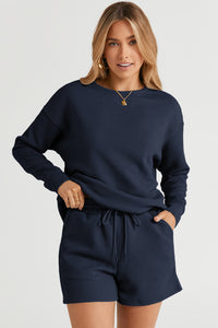 Drawstring Shorts Set | Navy Blue Textured Long Sleeve Top