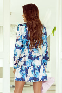 Blue Abstract Floral Long Sleeve Tied Ruffle Dress | Dresses/Floral Dresses