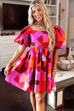 Load image into Gallery viewer, Red Abstract Print Square Neck Puff Sleeve Dress | Dresses/Mini Dresses
