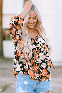 Brown Floral Print 3/4 Sleeve Babydoll Blouse | Tops/Blouses & Shirts