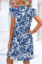 Load image into Gallery viewer, Sail Blue Floral Ruffled Cap Sleeve Tied Neck Mini Dress | Dresses/Floral Dresses
