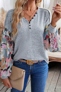 V Neck Top | Gray Floral Lantern Sleeve Patchwork Blouse