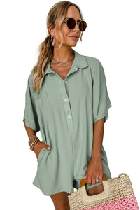 Loose Romper | Spinach Green Half Button Collared