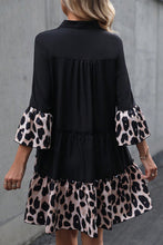 Load image into Gallery viewer, Leopard Print Dress | Black Patchwork Split Neck Ruffle Dress
