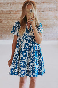 Blue Ricrac Trim Split Neck Floral Loose Dress | Dresses/Floral Dresses