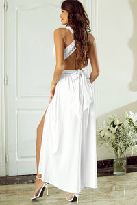 White Sleeveless Ruched High Split Cutout Back Maxi Dress | Dresses/Maxi Dresses