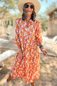 Multicolor Boho Floral Collared Long Sleeve Ruffled Dress | Dresses/Floral Dresses