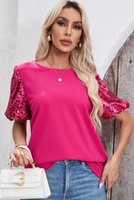 Load image into Gallery viewer, Rose Red Contrast Sequin Puff Sleeve T Shirt
