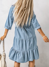 Load image into Gallery viewer, Sky Blue Ruffled Denim Full Buttoned Midi Dress | Dresses/Midi Dresses
