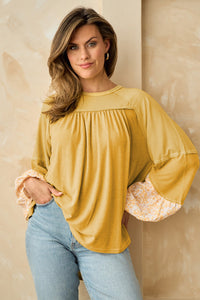 Beige Floral Colorblock Balloon Sleeve Exposed Seam Top | Tops/Long Sleeve Tops