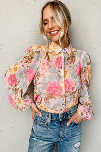 Pink All Floral Puff Sleeve Collared Shirt | Tops/Blouses & Shirts