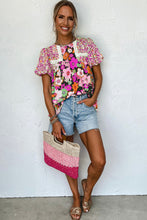 Load image into Gallery viewer, Floral Print Blouse | Rose Red Bubble Sleeve Lace Trim Print Top
