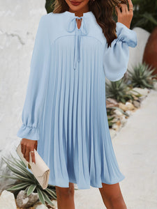 Pleated Mini Dress | Tie Neck Flounce Sleeve