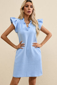 Mini Dress | Light Blue Textured Puff Sleeve V Neck Dress