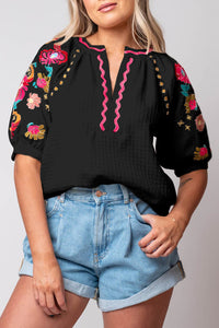 Puff Sleeve Top | Black Floral Embroidered Blouse