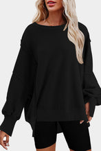 Load image into Gallery viewer, Black Exposed Seam Drop Shoulder Slit High Low Hem Sweatshirt | Tops/Sweatshirts &amp; Hoodies
