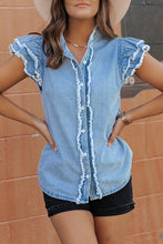 Load image into Gallery viewer, Beau Blue Button Front Ruffled Flutter Frayed Denim Top | Tops/Tops &amp; Tees
